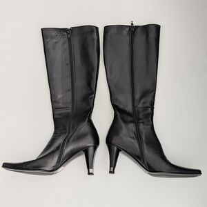 Sofia Italy Sleek Black Knee-High, Square-Toe Boots w/Silver Wrap Around 3" Heel